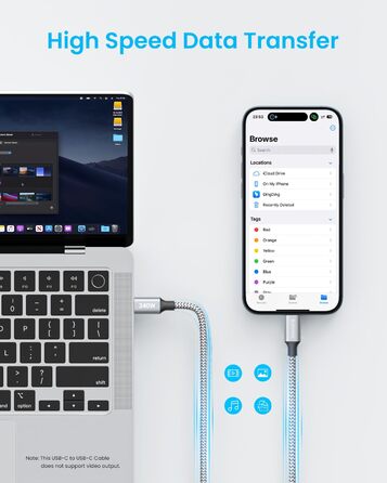 Кабель USB-C на USB-C 240W, 5A, 1.5м, білий: для iPhone, Samsung Galaxy