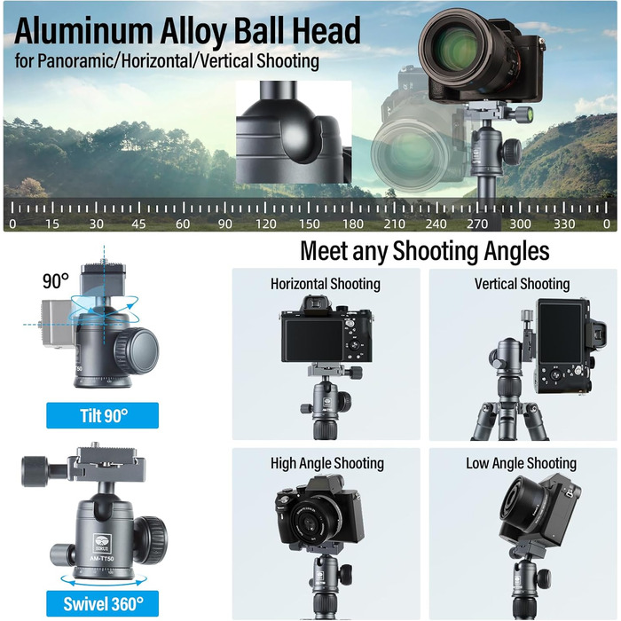 Штатив SIRUI AM-TT50: компактний, легкий, для камери та смартфона, до 10 кг, з кульковою головкою 360°