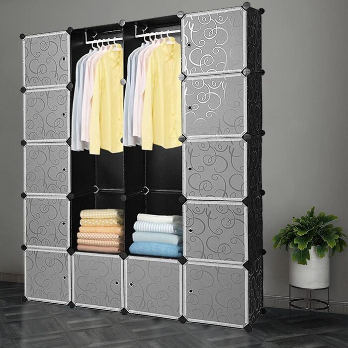 Regalsystem Shoe Rack Set of 20 Cubes, Plastic Closet with Doors, Plug-in Shelf, DIY Cube Shelf, Modular Storage Combination Cabinet for Clothes, Shoes, and Books, Black