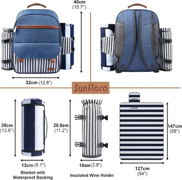 Sunflora Picnic Backpack Set for 4 People with Insulated Cooler and Blanket, Picnic Basket for 4 People for Camping and Outdoor Activities (Blue & Stripes, 2 Person)