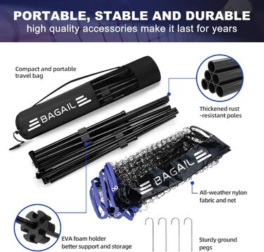 BAGAIL Adjustable Badminton Net Set with Stand & Carry Bag - Portable Tennis/Volleyball Net (4.2M)