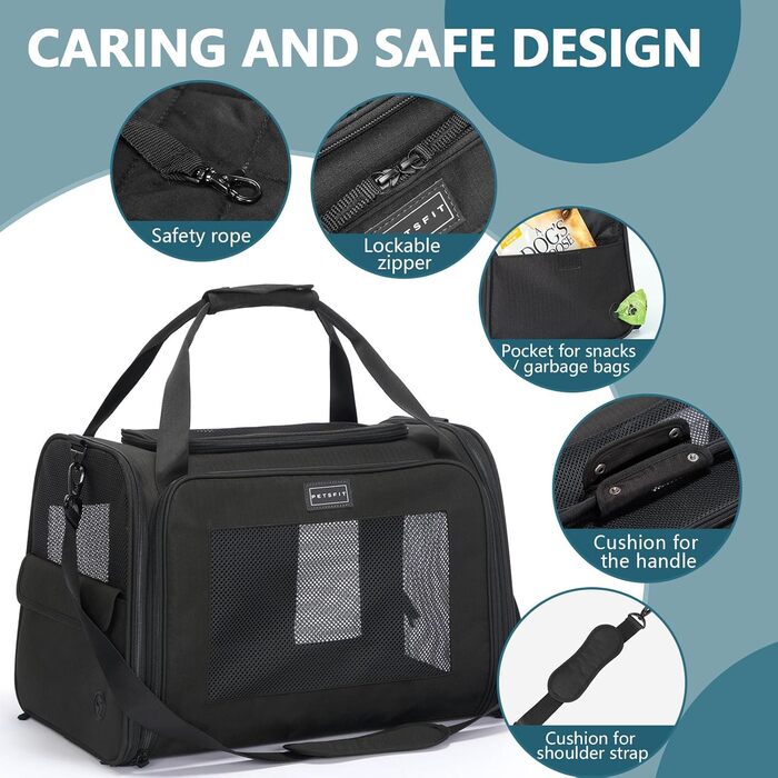 Транспортна переноска для котів та собак Petsfit, чорна, 47.5L x 33B x 33H см, з м'яким розкладним килимком та плечовим ременем