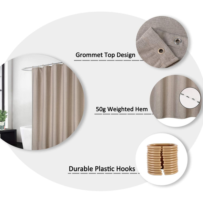 Штора для душу LinTimes з льону, 180x200 см, бежева (Taupe), важкий 240 GSM, з гачками, готельний люкс, машинне прання
