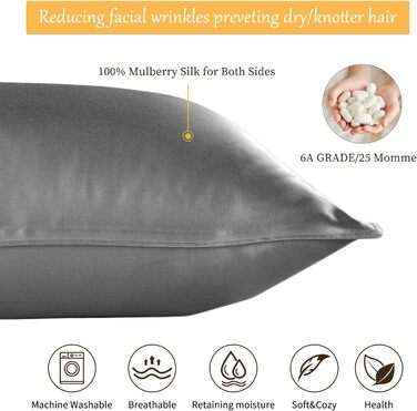 Silk Pillowcase, 25 Momme Pillowcase made of Double-Sided 100% Mulberry Silk Pillow Cover, 1 Piece Hidden Zipper Design Silk Pillowcase, 50 x 75 cm Grey