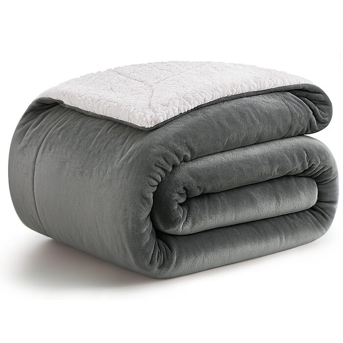 Плед KANKAEU 160x200 см, теплий та м'який, двосторонній фланель та шерпа, для дивану, ліжка, подарунок сірого кольору