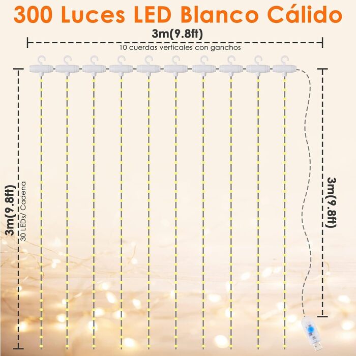 LED штора Anpro 3м x 3м, 300 світлодіодів, 8 режимів, тепле біле світло для декору, вечірки, спальні