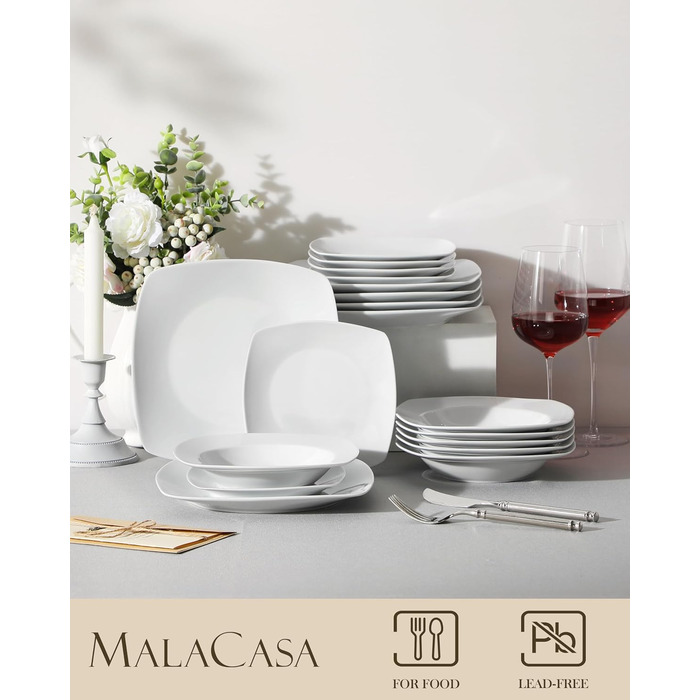 MALACASA Серія Julia, Набір посуду Teller Set 12 осіб, Сучасний KLEIN, 36-ти частинний сервіз з порцеляни, 12 тарілок для їжі, 12 десертних тарілок, 12 супових тарілок сіро-білий, 36 частин