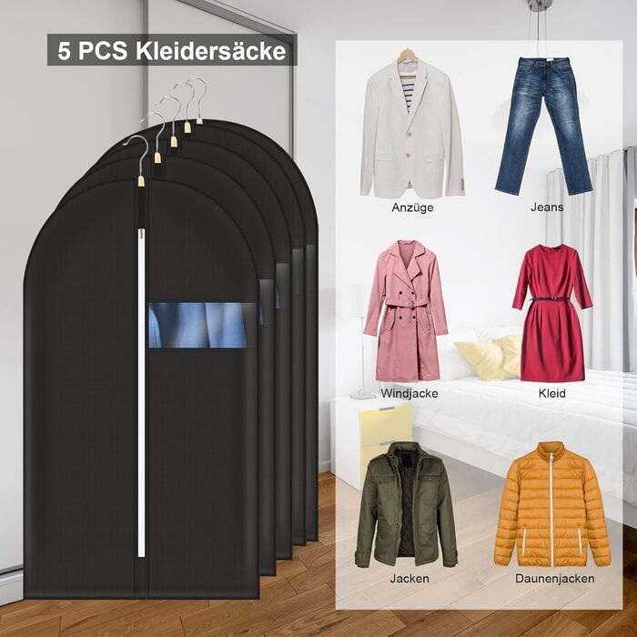 5 шт. Чохли для одягу, 60x140 см, міцні сумки для одягу з блискавкою, дихаючий матеріал, захист для костюмів, пальто, сорочок, зберігання 140x60 см