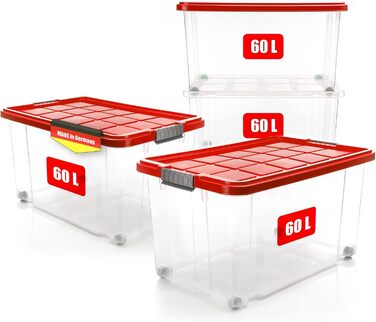 BigDean 4-Piece 60L Storage Box with Lid Large Steel - Stackable, Robust Box, BPA-Free - Rollable Stack Box with Secure Click Closures - Made in Germany (Red Transparent)