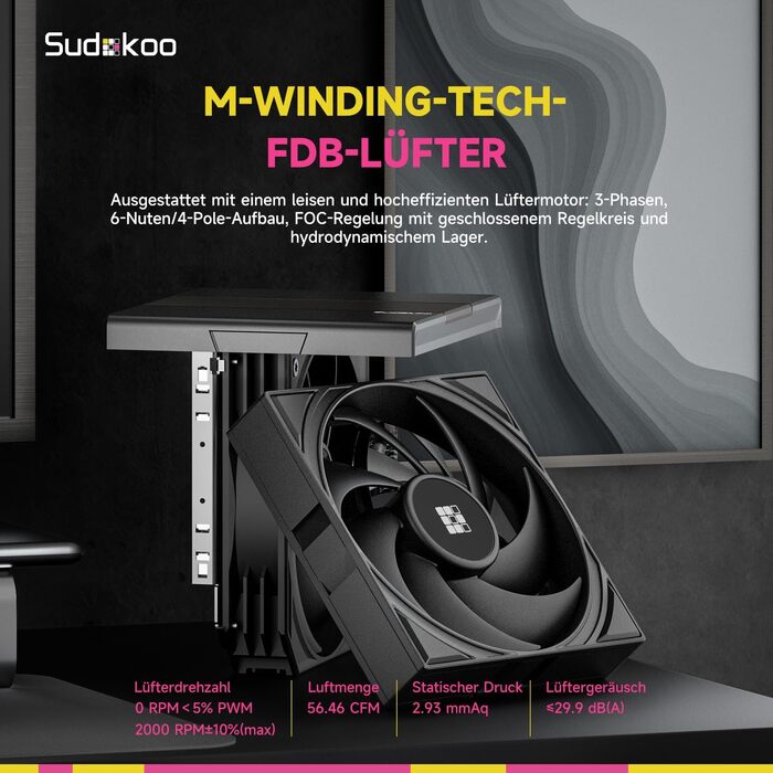 Кулер для процесора Sudokoo SK620 AM5: Двовежевий CPU кулер з цифровим дисплеєм, 6 теплотрубками та 2 вентиляторами PWM FDB 120мм, чорний