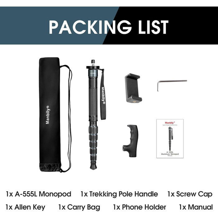 Монопод для камери Manbily A-555L 168 см з алюмінію, з ручкою-підтримкою, до 7 кг, сірий