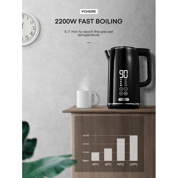 Електричний чайник FOHERE з регулюванням температури 1.7L, LCD дисплеєм (40°C - 100°C), чорний, з підігрівом до 240 хв, 2200W