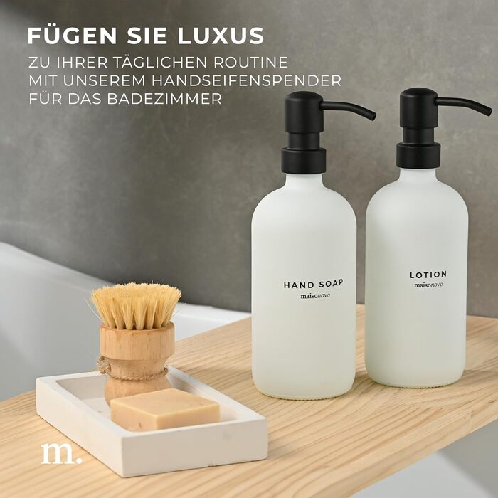 MaisoNovo Soap Dispenser Set - Soap Dispenser Kitchen - 500 ml Amber Bottles, Black Pumps, Glass Pumps Dispenser, Soap Dispenser Set, 2-Piece Set and Concrete Tray - Dish Soap Dispenser Kitchen (White Glass / Black Pump + Rectangular Tray)