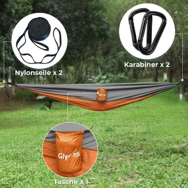 Гімніс Гамак для відпочинку на відкритому повітрі Ultraleicht, 275x140 см, з мотузками та карабінами, 300 кг, Оранжевий - Сірий