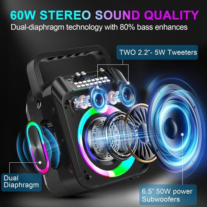 Караоке машина з Bluetooth, 2 мікрофонами, RGB-підсвічуванням та потужністю 30W