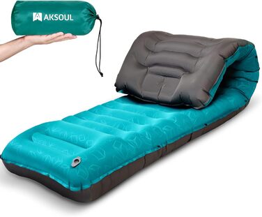 Надувний килимок для кемпінгу - самонадувний, товстий, з подушкою, для рюкзаків, трекінгу, подорожей - блакитний