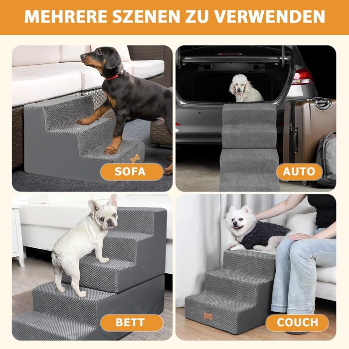 Non-slip Dog Stairs for Small Dogs 3-Step, Dog Stairs Dog Ramp for Bed and Sofa made of High-Density Sponge, Pet Stairs with Removable, Washable Cover and Non-Slip Bottom, 45x40x34cm