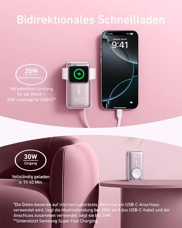 Повербанк Anker MagGo 10000mAh для Apple Watch та iPhone 17/16/15, Samsung, iPad, AirPods, вбудований кабель USB-C, 35W Max, сертифікований, Рожевий