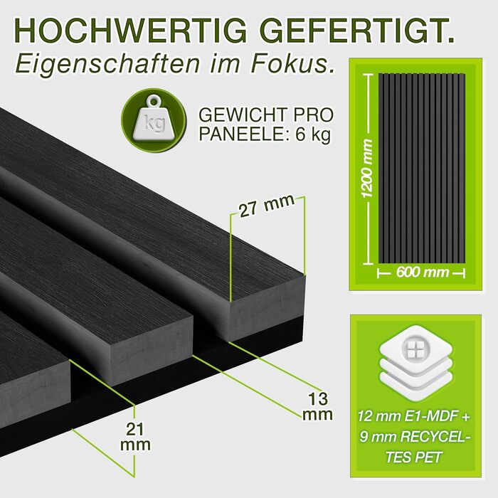 Акустичні панелі TRESKO з дерева 120×60×2,1 см (4 шт), 3D стінові ламелі для шумоізоляції, колір дуб чорний, з набором 8 гачків та монтажним комплектом