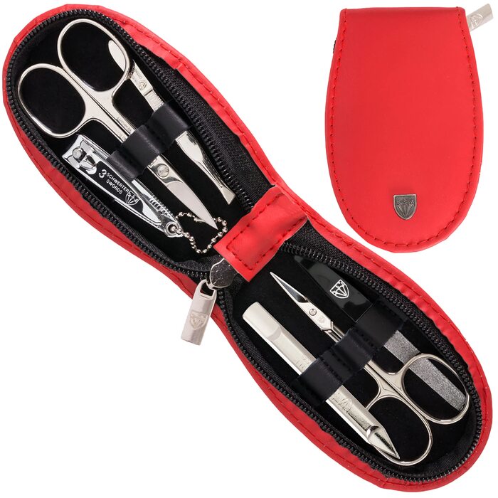 Набір манікюру Drei Schwertter 'Olbia' 6 предметів - нігетюї з натуральної шкіри червоного кольору | Ніж для шкіри, ножиці для нігтів, пінцет скошений, двосторонній інструмент, кусачки для нігтів, напільник з сапфіру червоного кольору - ЕКОШКІРА