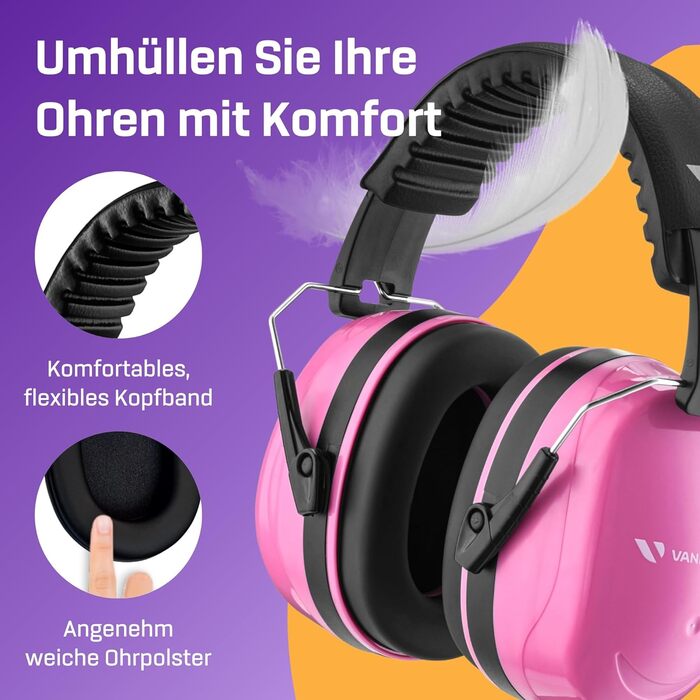 Навушники захисні Vanderfields Premium Double Pink - широка звукоізоляція 36.1 dB, для дорослих та підлітків