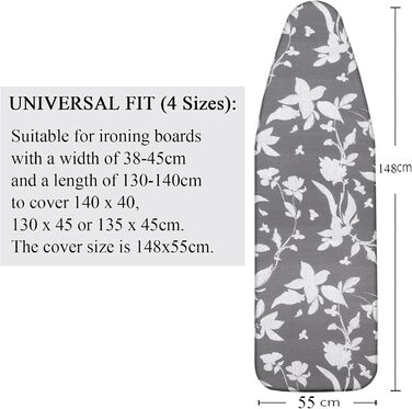 Чохол для гладильної дошки, 140 x 50 см, великий, з бавовняним покриттям, посилений, антибац. сірий квітковий, XXL