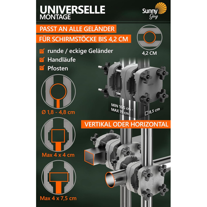 4smile Parasol Holder Balcony Railing SunnyGuy, Anthracite - Bombproof, universal parasol holder for balcony - Compact umbrella holder balcony railing replaces parasol stand balcony