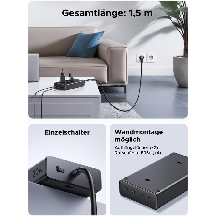 Мережевий фільтр UGREEN 10-в-1 з USB, подовжувач з 20W швидкою зарядкою USB-C, захист від перенапруги, 3680 Вт, кабель 1.5 м, для офісу та дому