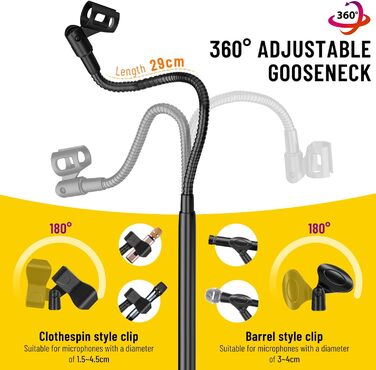 Підставка для мікрофона 2-в-1 з трьома кліпсами для кабелів, для вокалу, сцени, конференцій та презентацій, розширювана, CY0311 (з лебединою шиєю)