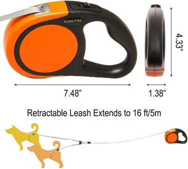 KOOLTAIL Double Dog Leash - Retractable 4.8m for Two Dogs Up to 50kg - Durable, Tangle-Free, with Brake