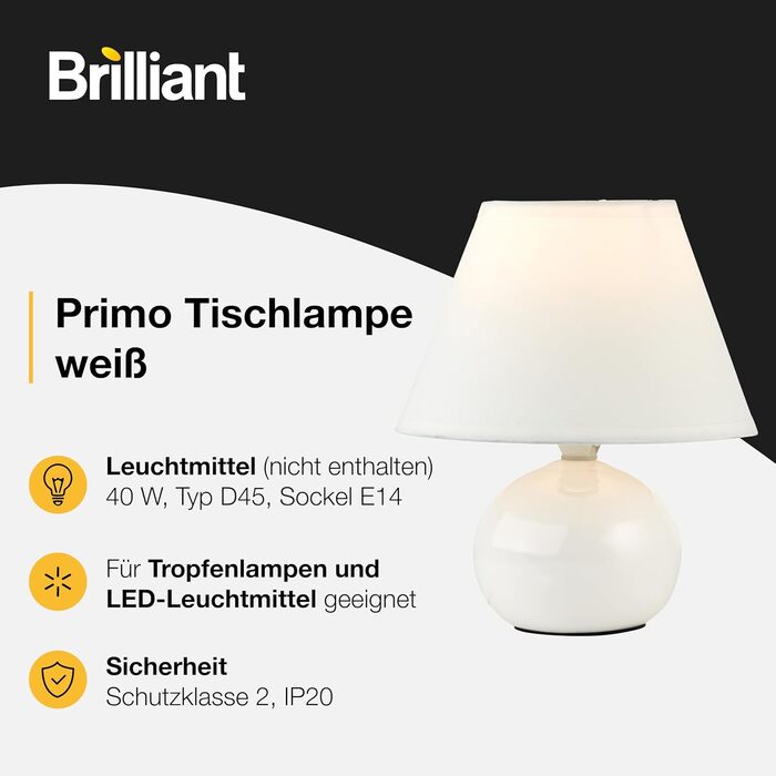 BRILLIANT Primo: стильна настільна лампа з тканинним абажуром – маленька лампа для нічного столика, спальні та вітальні – патрон E14 та вимикач – білий