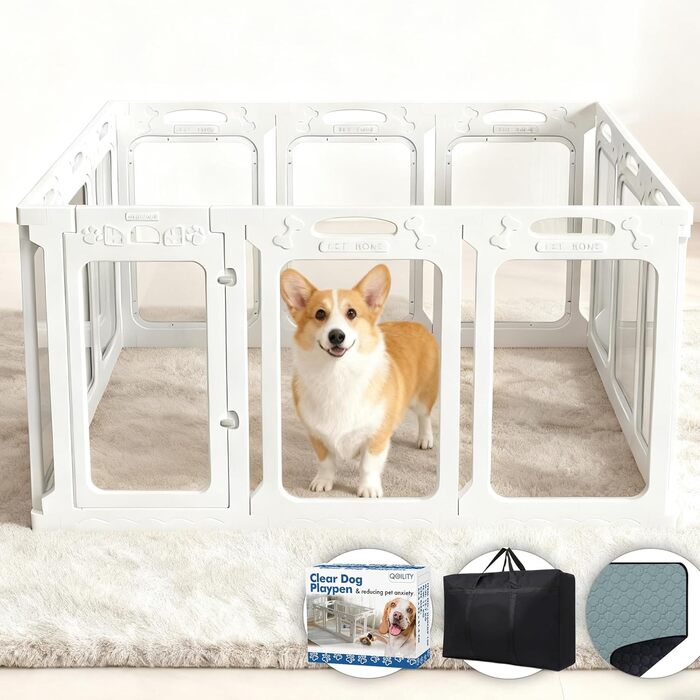 Клітка для собак, прозора, з дверцятами, висота 61 см, 12 панелей, для цуценят та маленьких собак, білий колір