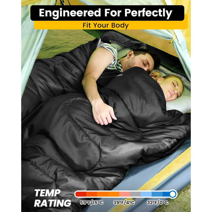 Сплячий мішок Outdoor Sportneer для 2 осіб, 220x150 см, 3.5 кг, з 2 подушками, 4 блискавки, дорослий, чорний