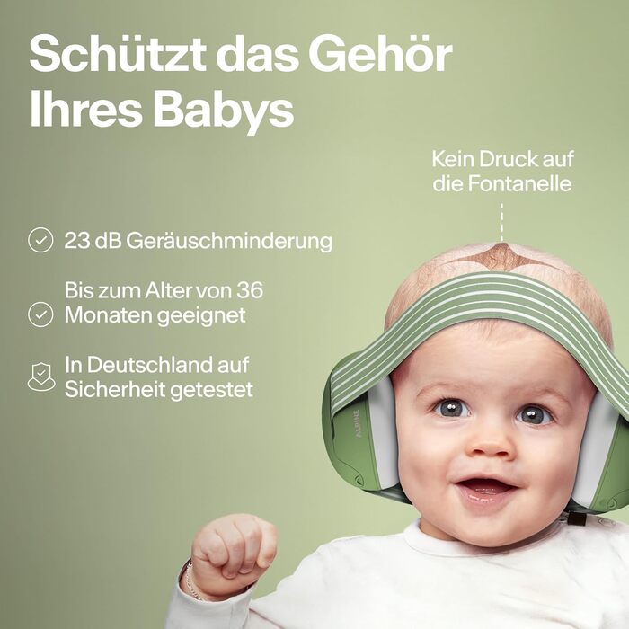 Захисні навушники Alpine Muffy Baby Klassik для дітей до 36 місяців - захист від шуму, антиковзне регульоване наголов'я, безпечні та сертифіковані в Німеччині, зелений колір