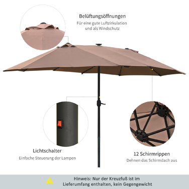 Сонцезахисний парасоль від Outsunny з LED-підсвіткою, подвійний парасоль 440 x 260 см, садовий парасоль, парасоль для тераси, великий овальний з ручною рукояткою та металевим каркасом кольору хакі
