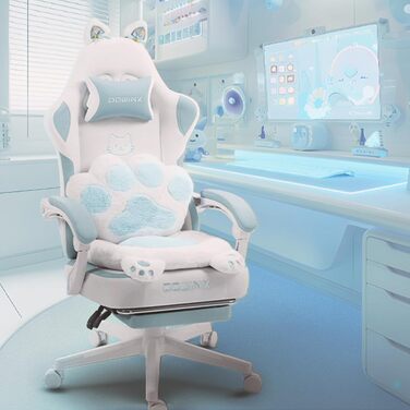 Ігровий крісло Dowinx з підніжкою, ергономічний, з дизайном лапок кота, тканинний, без крил, регульований, для дорослих, блакитний