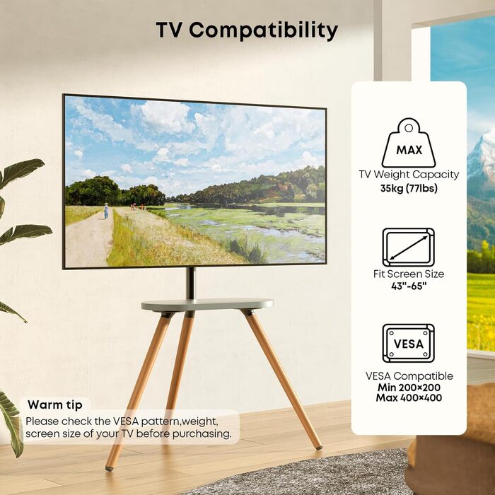 Adjustable TV Stand with Easel Design - Fits 43-65 inch TVs, Max VESA 400x400mm, 35kg Weight Capacity, Wood Tray - White (Black)