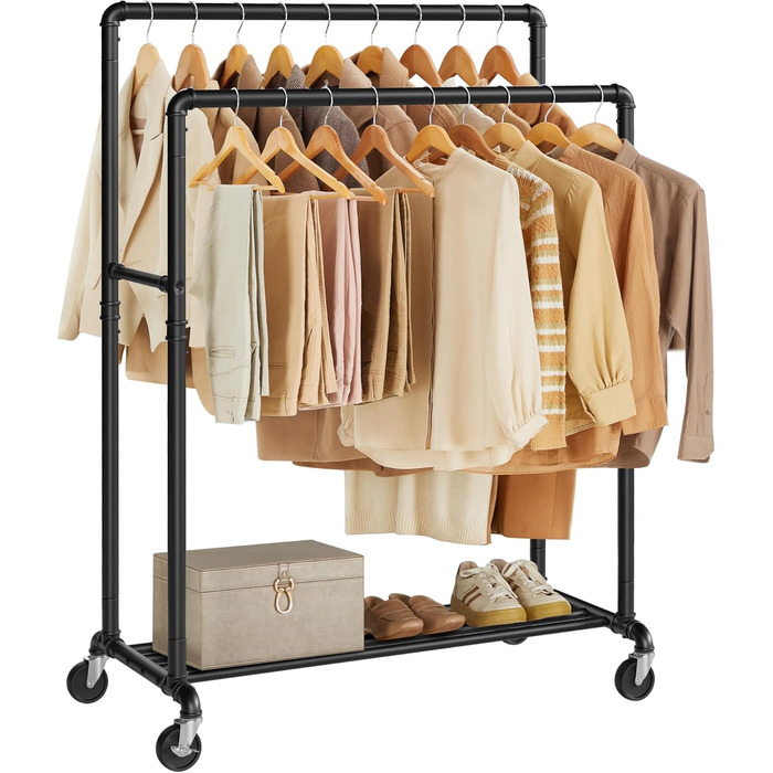 SONGMICS Clothes Rack, Clothes Rail, Coat Rack with 2 Clothes Rails and Shelf, Wheels, Load Capacity up to 110 kg, Industrial Design, for Bedroom, Dressing Room, white HSR060W01 (Black)