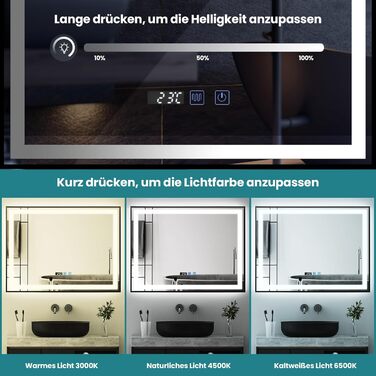 Дзеркало для ванної кімнати YU YUSING 60x80 см з підсвічуванням, проти запотівання, 3 кольори світла, регулювання яскравості, LED, годинник, IP44, металевий каркас, вертикальне, срібне