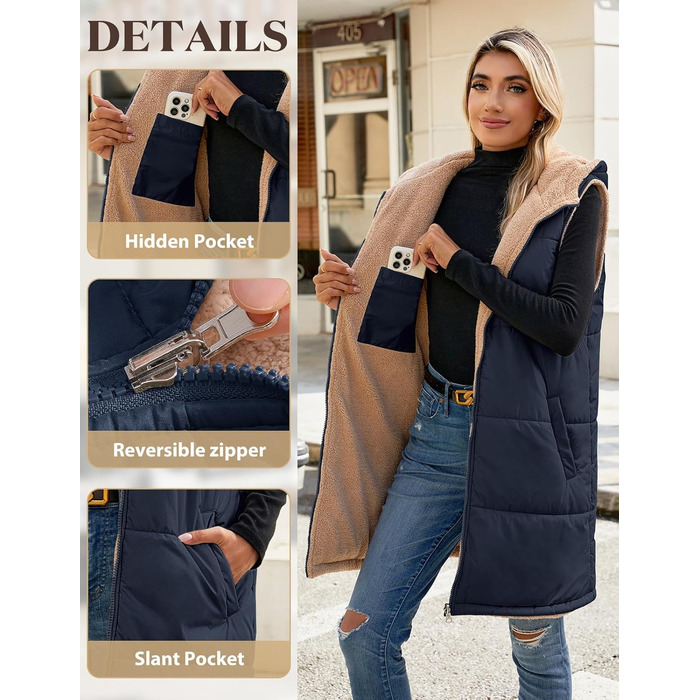 Жіноча жилетка Tuopuda з капюшоном, стельтована, з флісовою підкладкою, тепла зимова куртка, безрукавка, термо жилетка з коміром-стійкою, на блискавці, для осені/зими, колір: морський, розмір L