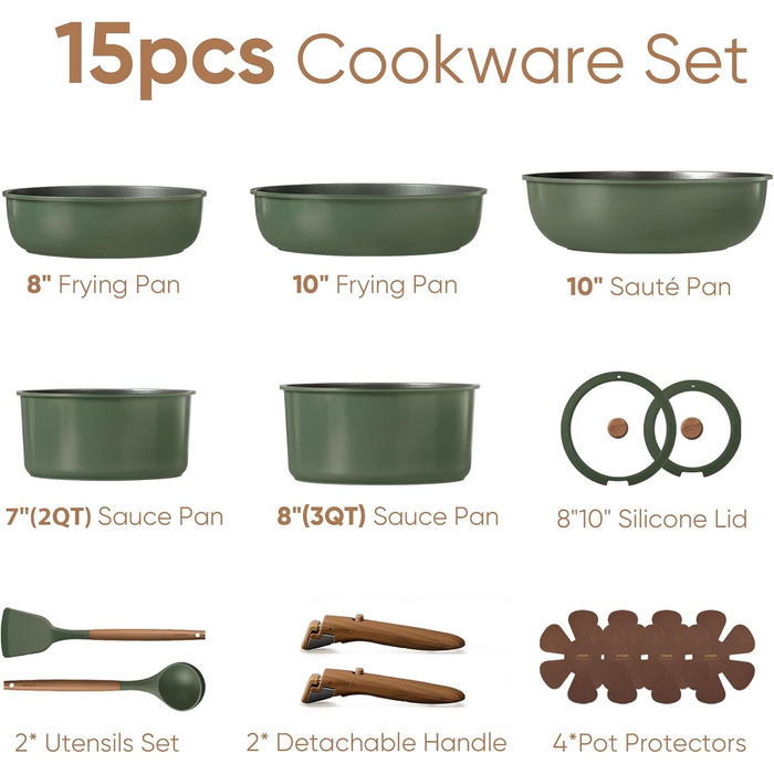 Набір посуду Carote 18 предметів темно-зеленого кольору з керамічним антипригарним покриттям для індукційних плит, знімні ручки, безпечний (PFOA-free), термостійкий, компактне зберігання
