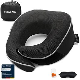 Подушка для шиї COSYLAND для літака та авто - Memory Foam, 360° підтримка, регульована, чорна. З маскою для сну та берушами