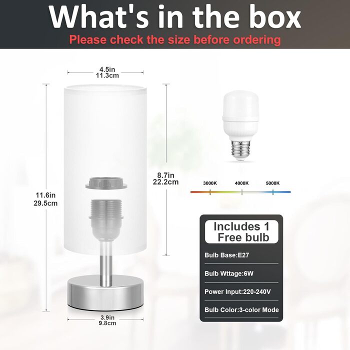 Нічна лампа Kakanuo з 3 колірними температурами, біла торшер з вимикачем, льняний абажур, маленька лампа для вітальні, спальні, офісу, дитячої кімнати (LED лампа в комплекті), біло-чорний колір (білий+срібний)