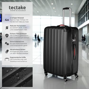 Набір валіз Tectake® 4 шт. з відстірними колесами 360°, валізи з жорсткою оболонкою та TSA-замком, велика валіза з роздільником, ручна валіза на телескопічному стійці - шампань (чорний)