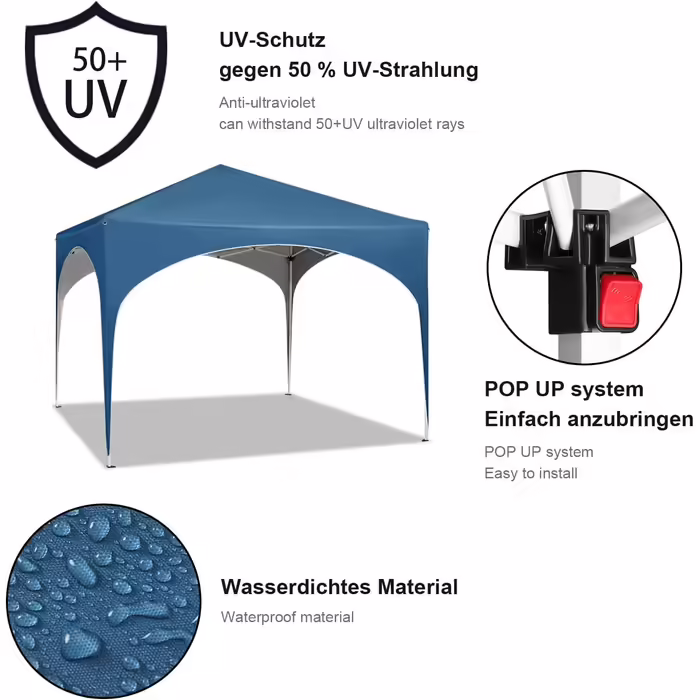 WOLTU Foldable Gazebo - Waterproof Folding Pavilion Sunshade Event Gazebo Garden Pavilion for Terrace Camping Festival with Half-Moon Roof Pagoda Tent of the Half-Circle from Oxford Fabric and Metal Frame - 3x3m Blue