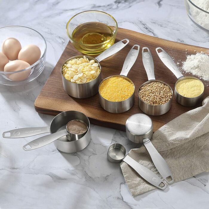 Measuring cup and spoon set, 21-piece, made of 18/8 stainless steel, durable, 8 measuring cups, 7 measuring spoons, 1 leveler & 5 mini measuring spoons, ideal for dry and liquid ingredients