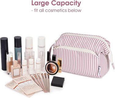 Косметичка жіноча Narwey для подорожей: зручна та містка сумка для косметики та аксесуарів (сіро-блакитний, рожеві смуги)