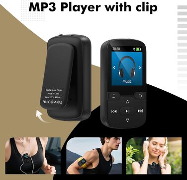 MP3 плеєр Bluetooth 5.3 з кліпсою, HiFi спортивний плеєр для дітей з FM-радіо, диктофоном та крокоміром, 64GB, чорний