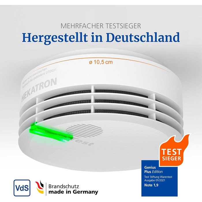 Hekatron Genius Plus – Smoke Detector 10-Year Battery – Stiftung Warentest Test Winner – made in Germany – incl. 1x adhesive pad – App-supported – Fire Alarm – multilingual – 1 piece