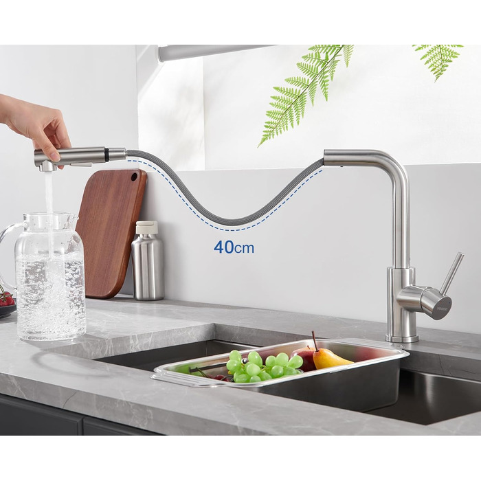 Висувна кухонна змішувач з душем, 360° поворот, нержавіюча сталь, 2 режими струменя, кухонна змішувач преміум-класу, сріблястого кольору